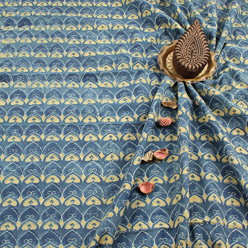 Indigo Mustard Dome Pattern Ajrakh Hand Block Printed Cotton Fabric