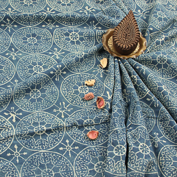 Indigo Circular Pattern Ajrakh Hand Block Printed Cotton Fabric