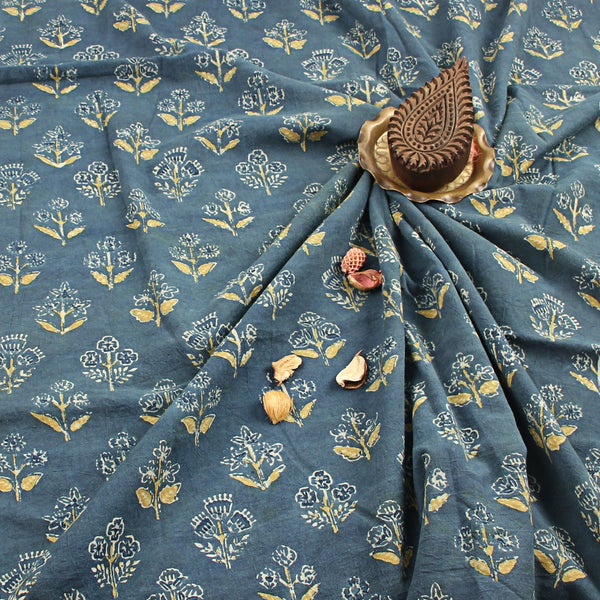 Blue Floral Ajrakh Hand Block Print Cotton Fabric