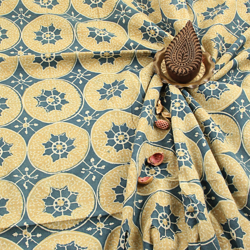 Mustard Circular Pattern Ajrakh Hand Block Printed Cotton Fabric