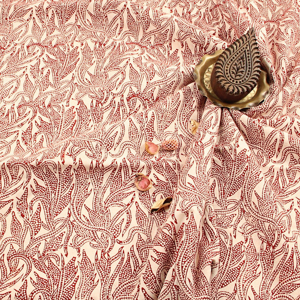 Red Leaf Jaal Fakira Hand Block Printed Cotton Fabric