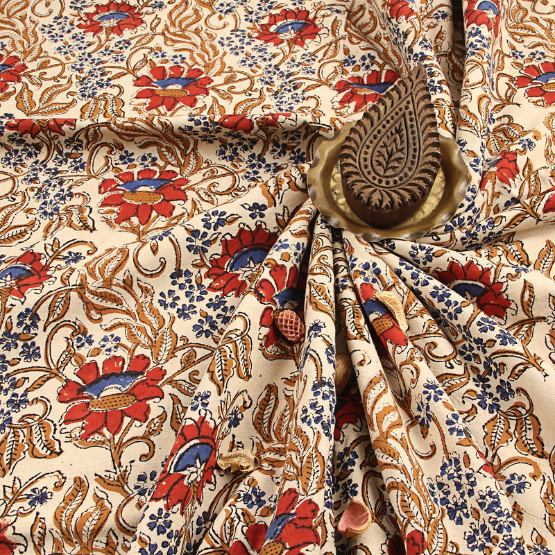 Brown Floral Jaal Kalamkari Handblock Print Cotton Fabric
