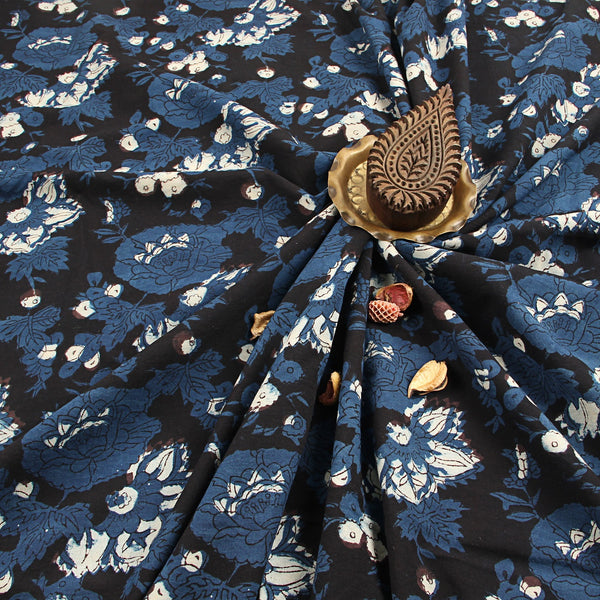 Indigo Floral Jaal Jahota Hand Block Printed Cotton Fabric