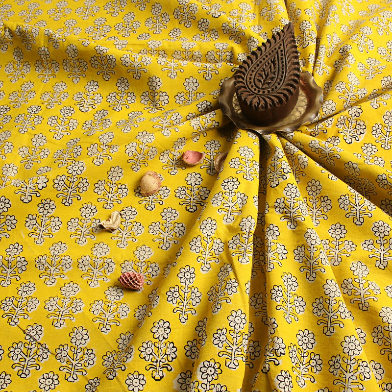 Yellow Floral Bagru Hand Block Printed Cotton Fabric