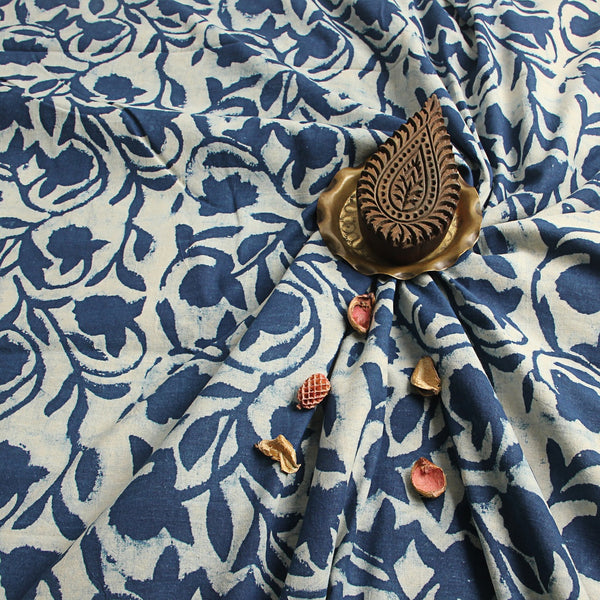 Indigo Floral Jaal Dabu Hand Block Printed Cotton Fabric