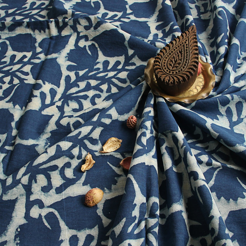 Indigo Floral Leaf Jaal Dabu Hand Block Printed Cotton Fabric