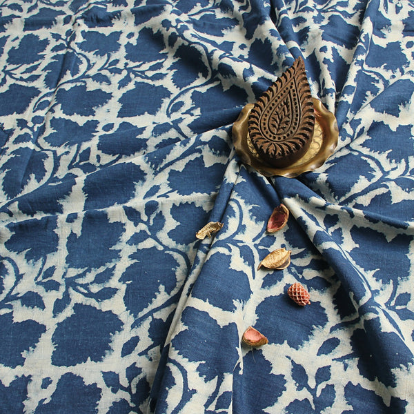 Indigo Leaf Jaal Dabu Hand Block Printed Cotton Fabric