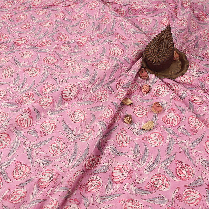 Pink Floral Sanganeri Hand Block Print Cotton Fabric