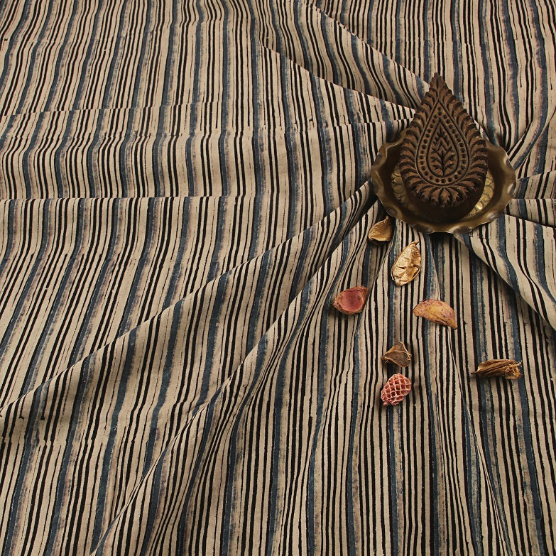 Black Stripes Ajrakh Hand Block Print Cotton Fabric