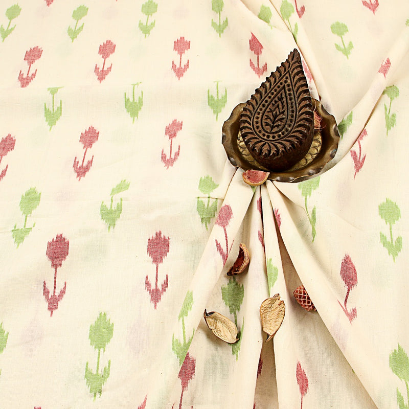 Green & Pink Floral Ikkat Cotton Fabric