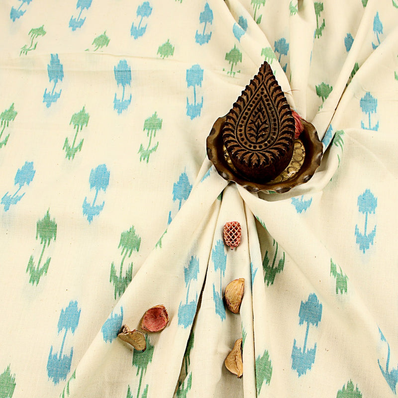 Blue & Green Floral Ikkat Cotton Fabric