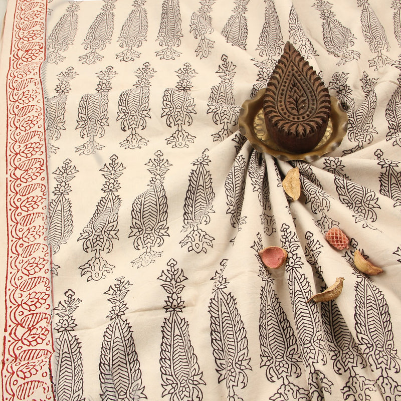 White Minar Motif Bagh Hand Block Printed Cotton Fabric