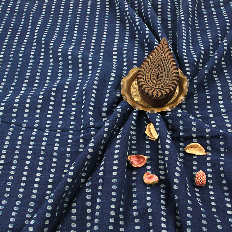 Blue Polka Dots Dabu Hand Block Print Slub Cotton Fabric