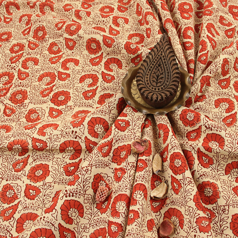Red Floral Jaal Fakira Hand Block Printed Cotton Fabric