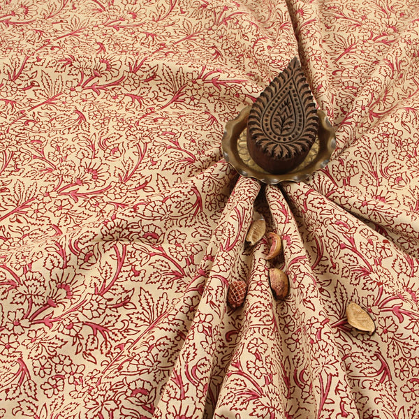 Pink Floral Jaal Fakira Hand Block Printed Cotton Fabric