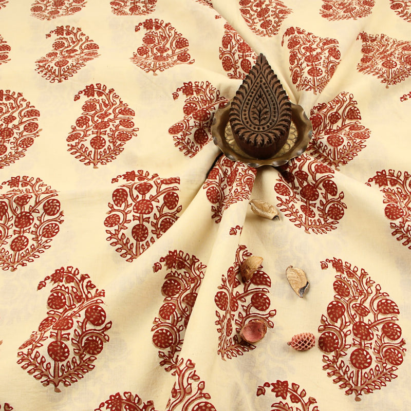Brown Paisley Floral Fakira Hand Block Printed Cotton Fabric