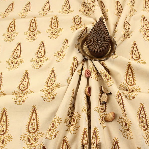 Brown Leaf Motif Fakira Hand Block Printed Cotton Fabric