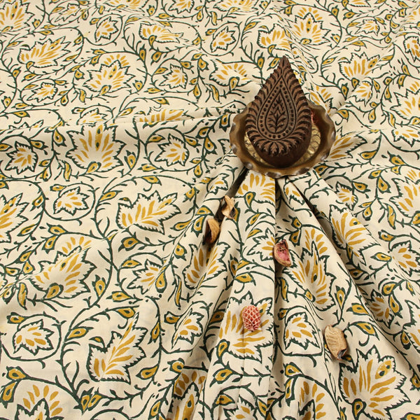 Yellow Floral Jaal Fakira Hand Block Printed Cotton Fabric