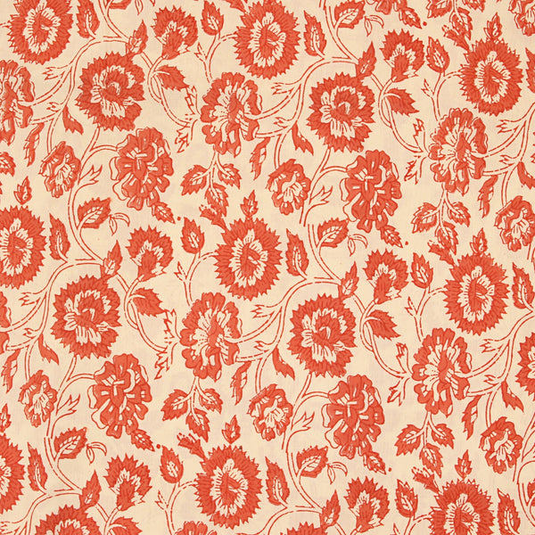 Orange Floral Jaal Fakira Hand Block Printed Cotton Fabric