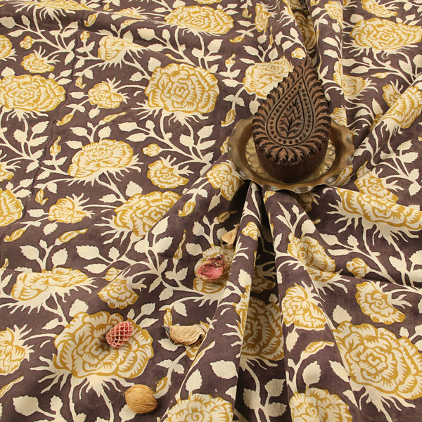 Yellow Rose Floral Fakira Hand Block Printed Cotton Fabric