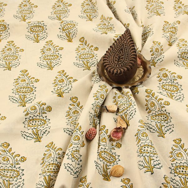 White Sunflower Floral Jaal Fakira Hand Block Printed Cotton Fabric