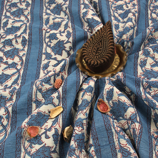 Blue Leaf Floral Bagru Dadu Hand Block Printed Slub Cotton Fabric