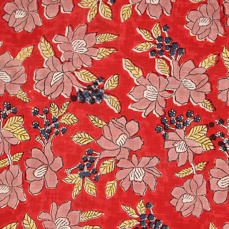 Red Floral Sanganeri Hand Block Print Slub Cotton Fabric