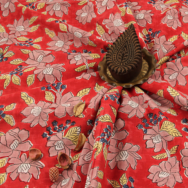 Red Floral Sanganeri Hand Block Print Slub Cotton Fabric