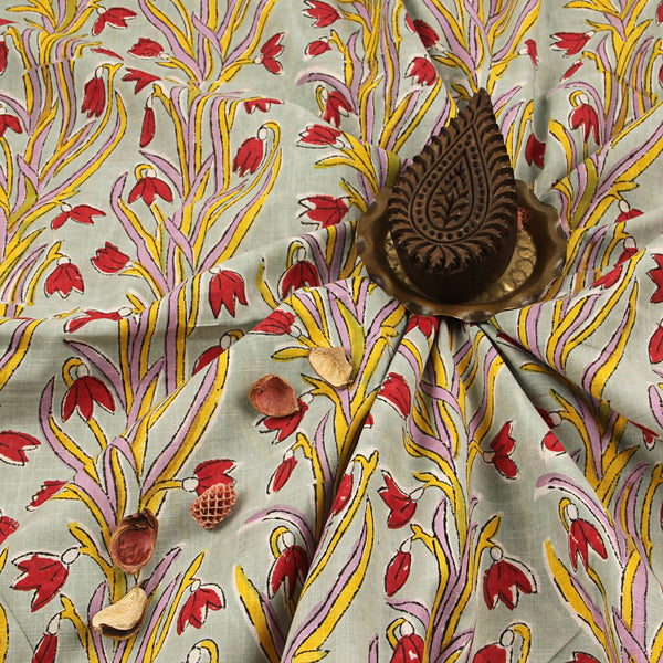 Blue Floral Sanganeri Hand Block Print Slub Cotton Fabric