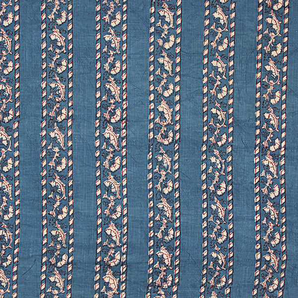Blue Border Bagru Dabu  Hand Block Printed Slub Cotton  Fabric