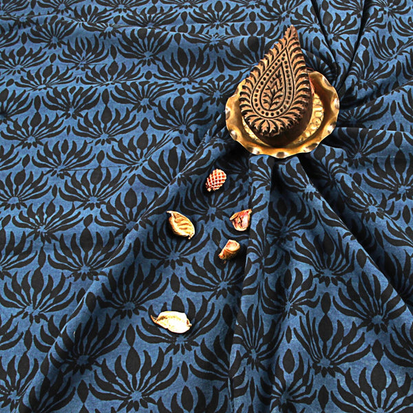 Black Lotus Ajrakh Hand Block Printed Cotton Fabric