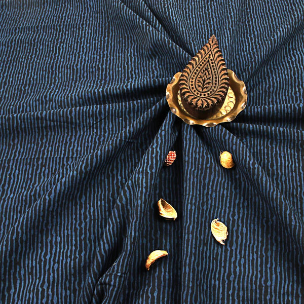 Black Stripes Ajrakh Hand Block Print Cotton Fabric