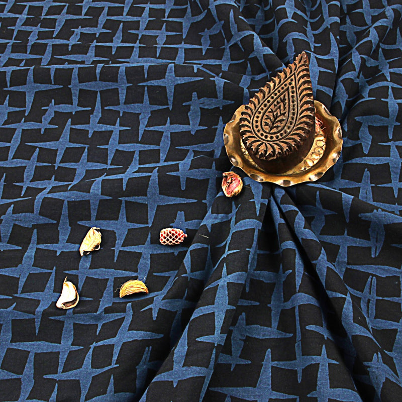 Indigo Cross Lines Ajrakh Hand Block Printed Cotton Fabric