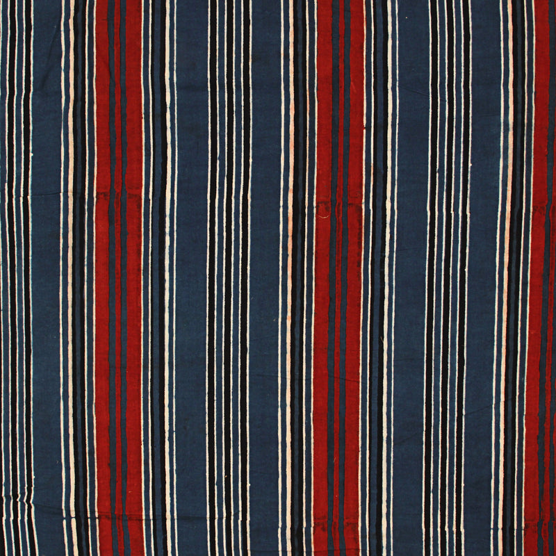 Red Black Lines Ajrakh Hand Block Printed Cotton Fabric