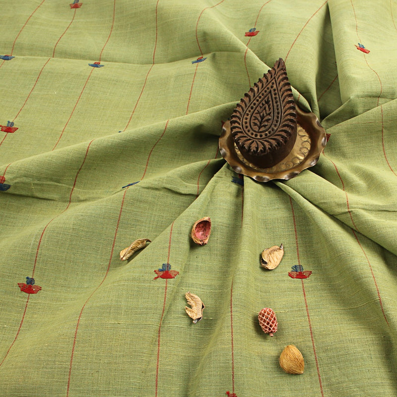 Green Solid Jamdani Handspun Handwoven Cotton Fabric