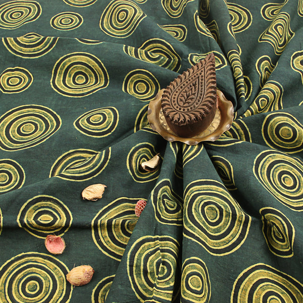 Teal Green Samll & Big Circle Design Ajrakh Handblock Print Cotton Fabric