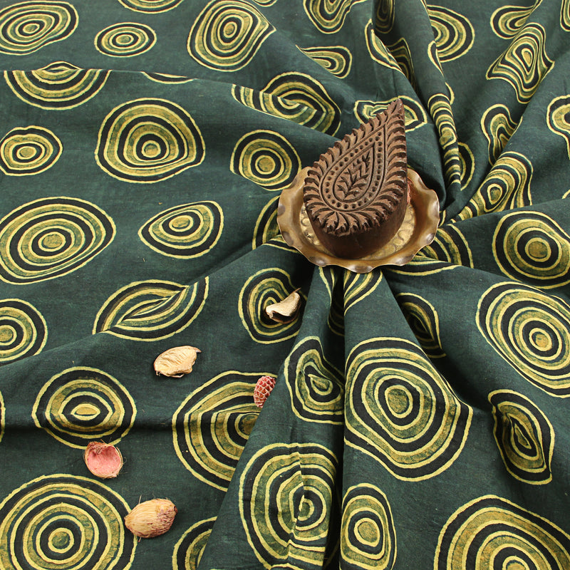 Teal Green Samll & Big Circle Design Ajrakh Handblock Print Cotton Fabric