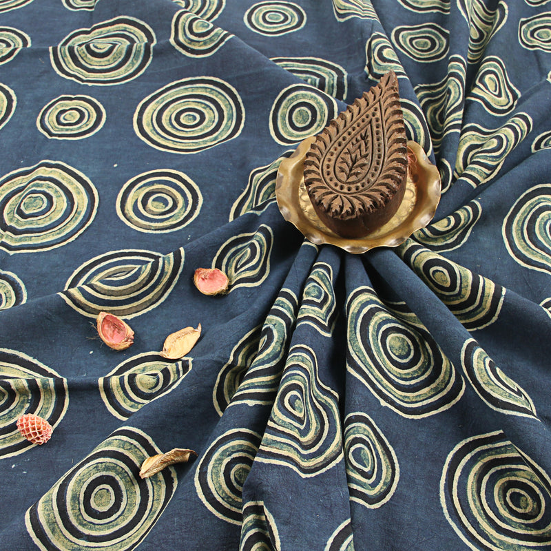 Indigo Samll & Big Circle Design Ajrakh Handblock Print Cotton Fabric
