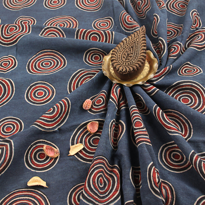 Blue Samll & Big Circle Design Ajrakh Handblock Print Cotton Fabric