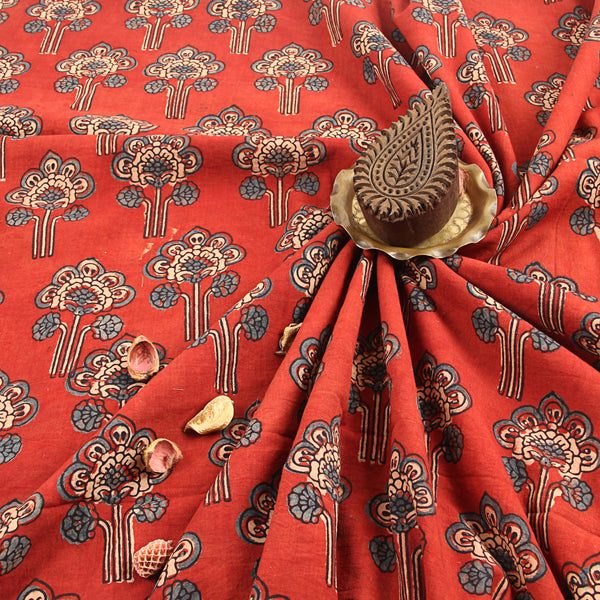 Red Tree Shape Floral Print Ajrakh Handblock Print Cotton Fabric