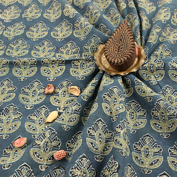 Indigo All Over Butta Floral Ajrakh Handblock Print Cotton Fabric