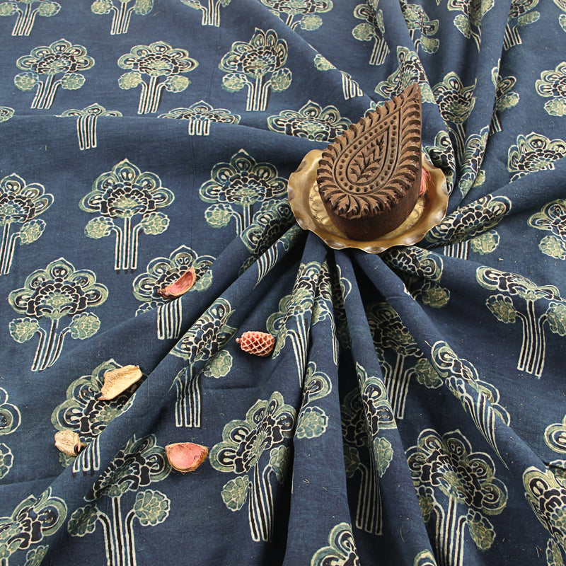 Blue Tree Shape Floral Print Ajrakh Handblock Print Cotton Fabric