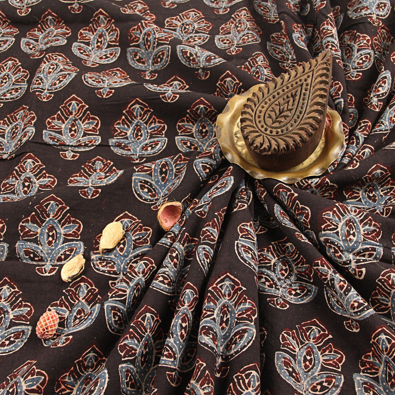 Dark Brown All Over Butta Floral Ajrakh Handblock Print Cotton Fabric