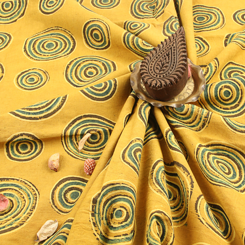 Mustard Samll & Big Circle Design Ajrakh Handblock Print Cotton Fabric