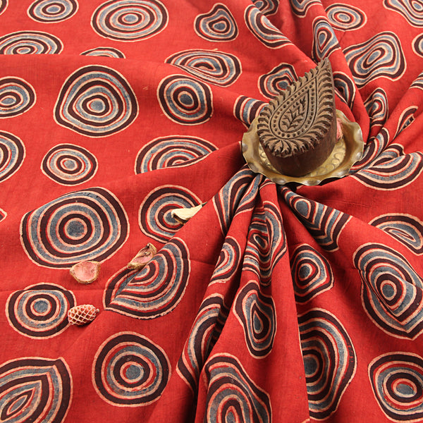 Red Samll & Big Circle Design Ajrakh Handblock Print Cotton Fabric