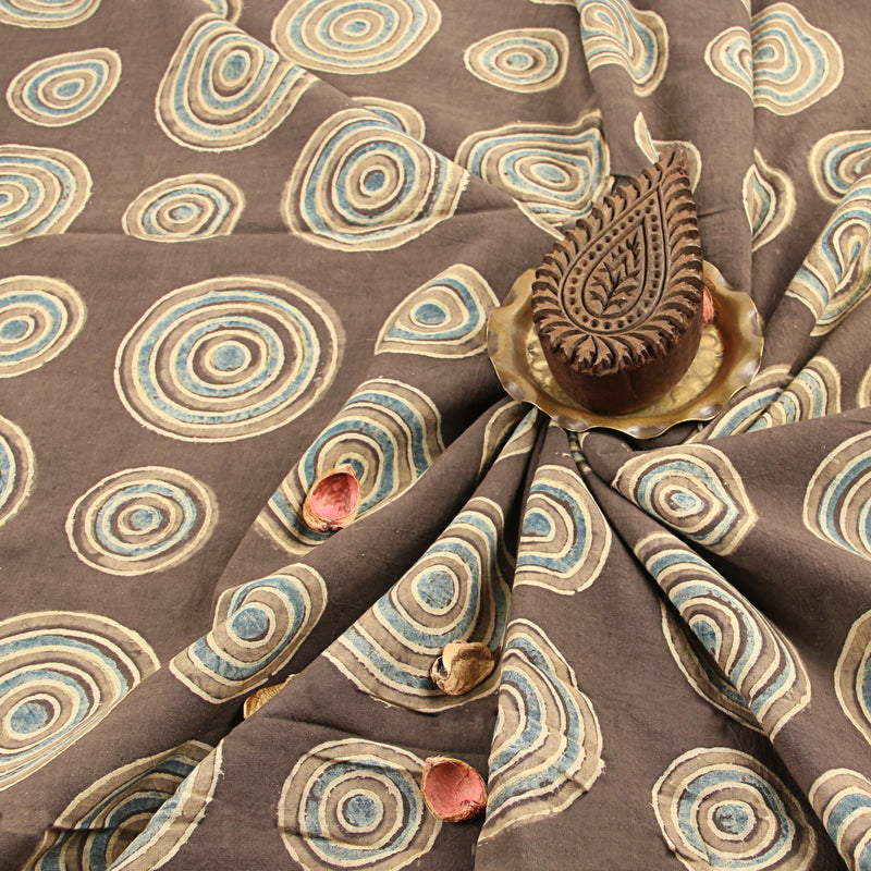 Brown Samll & Big Circle Design Ajrakh Handblock Print Cotton Fabric