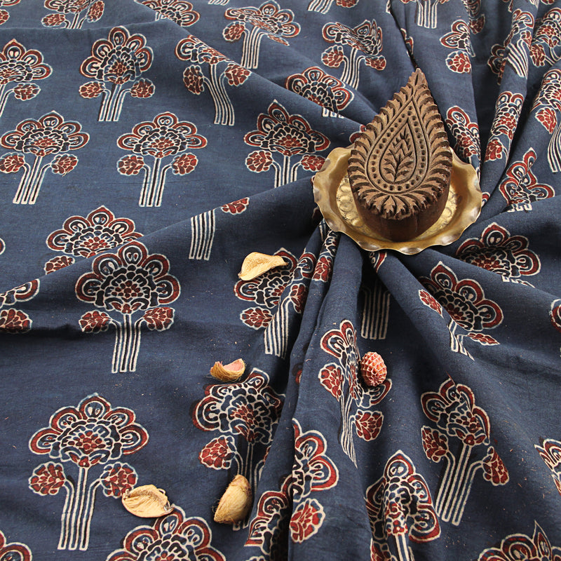 Indigo Tree Shape Floral Print Ajrakh Handblock Print Cotton Fabric