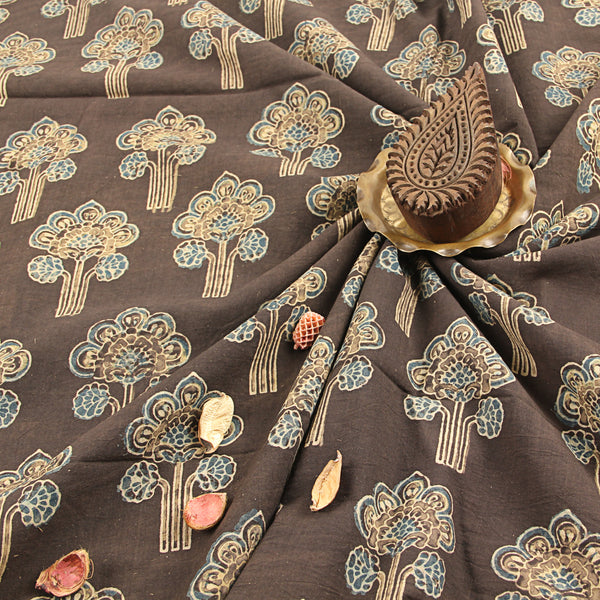 Dark Brown Tree Shape Floral Print Ajrakh Handblock Print Cotton Fabric