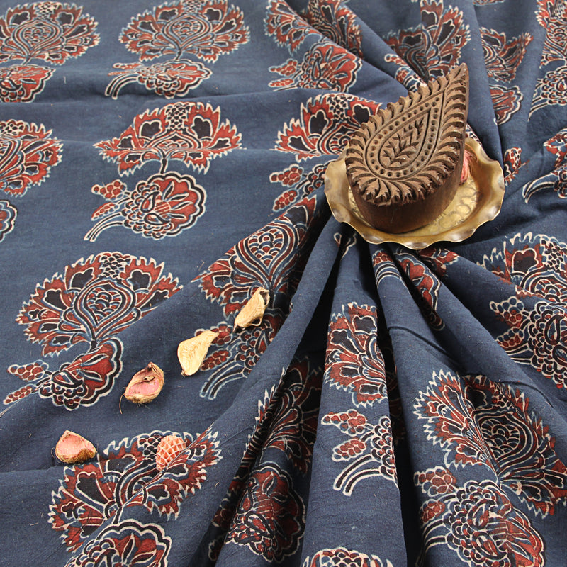 Blue Butta Floral Print Ajrakh Handblock Print Cotton Fabric
