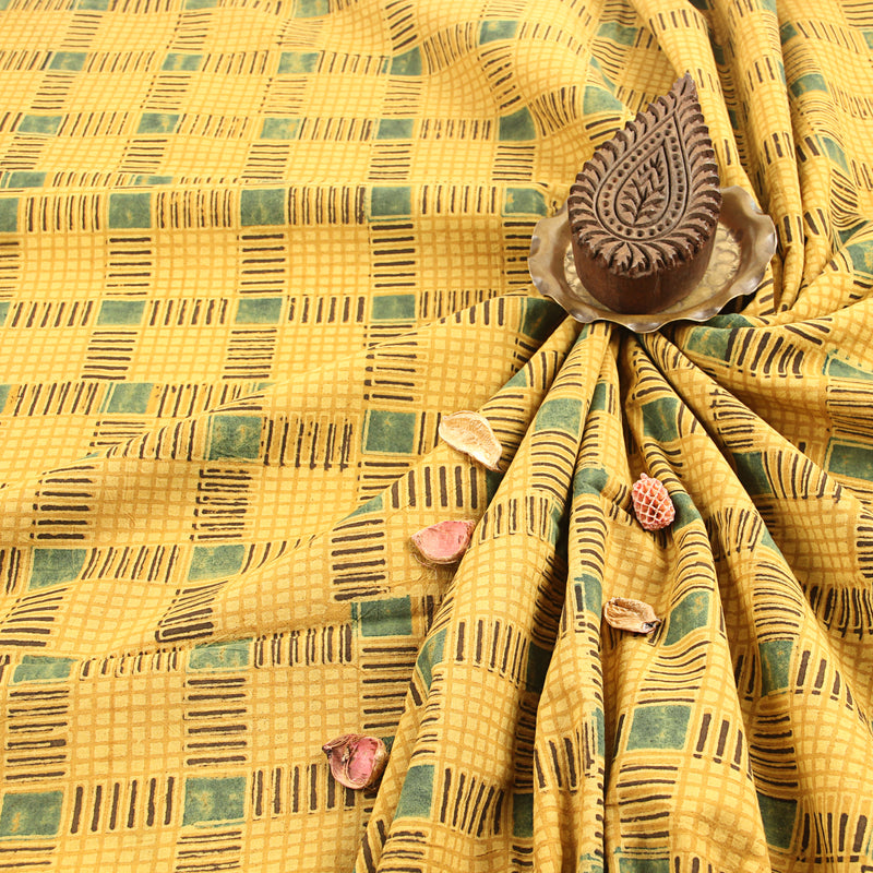 Yellow Small Checks & Box Ajrakh Handblock Print Cotton Fabric